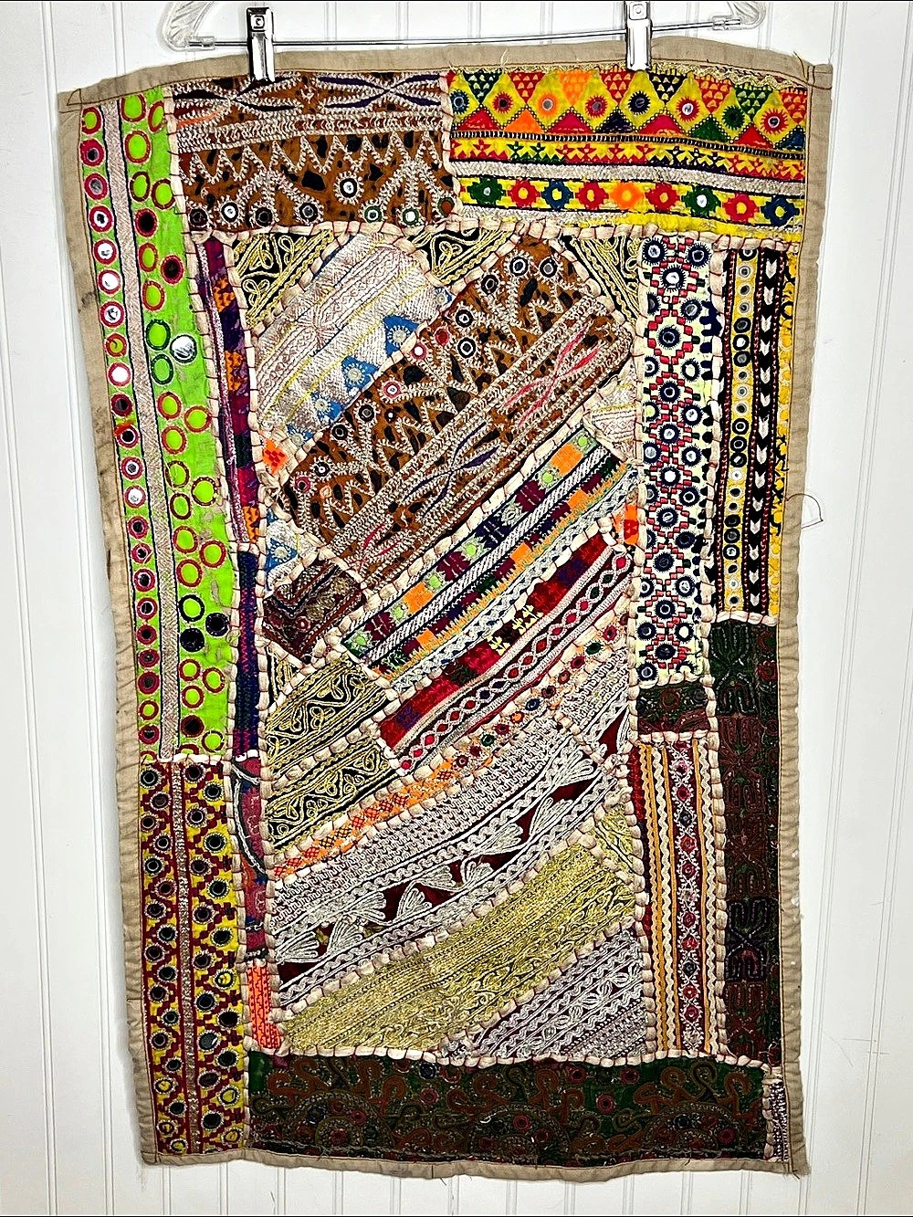 Vintage Indian Embroidered Patchwork Tapestry 35x21